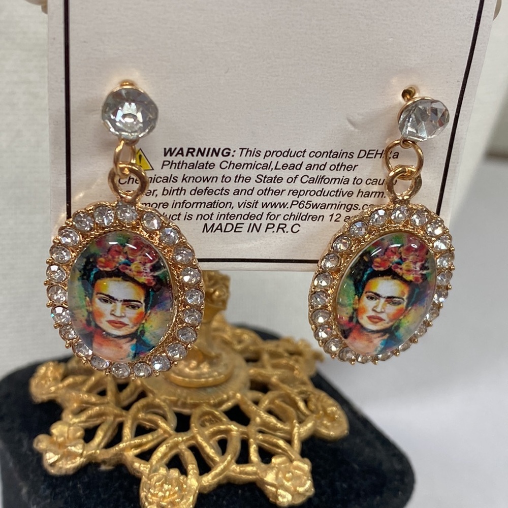 Frida Khalo drop style dangling earrings rhinestones - Picture 3 of 5